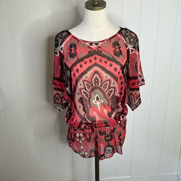 INC International Womens Medium Sheer Blouse Orange Brown Elastic Waist - Picture 1 of 14